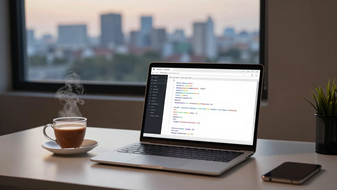 Developer working on Python code in a peaceful remote home office setting.