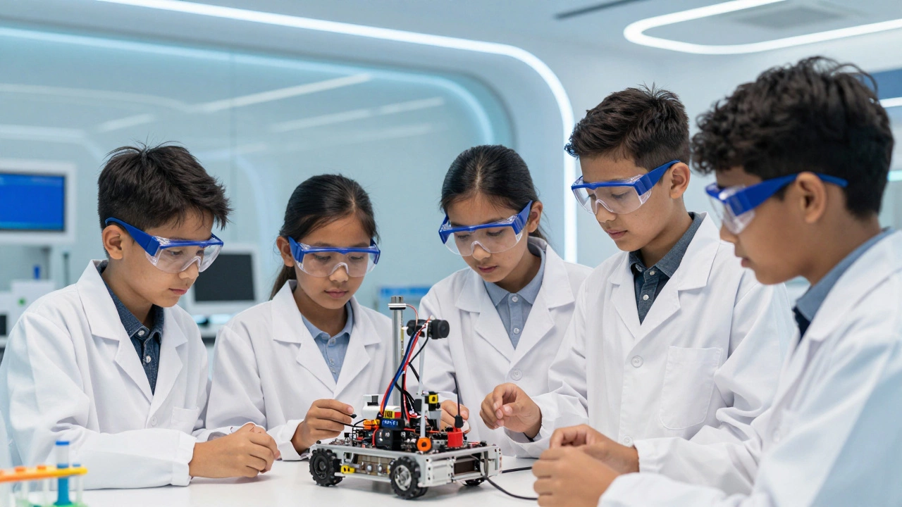 Diverse students collaborating on robotics project in modern Dubai science lab.
