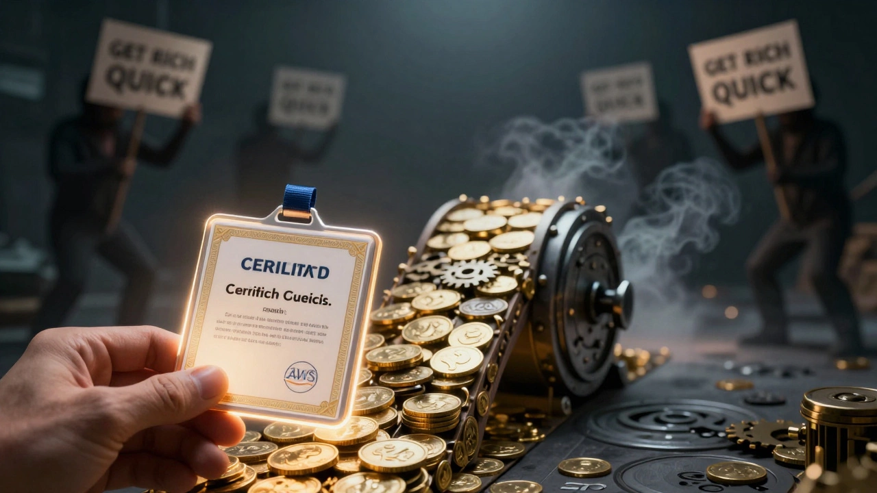 Glowing certificate turning into a bridge of value, contrasting with scams