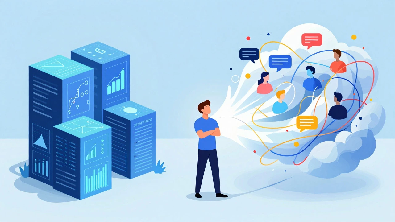 Illustration contrasting rigid data structures with ambiguous human dynamics