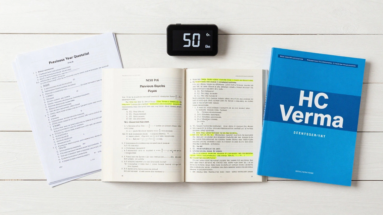 Organized study setup featuring NCERT book, PYQs, and timer for NEET prep
