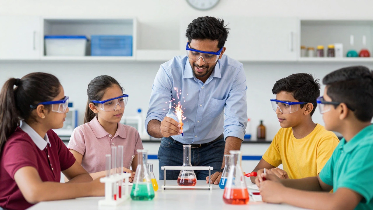 Science teacher demonstrating experiment to engaged students in lab