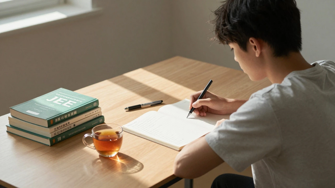Solitary student focusing on self-study with textbooks in a quiet room.