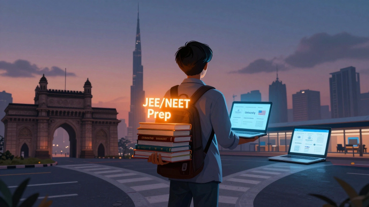 Student choosing between Indian exam prep books and global university options.