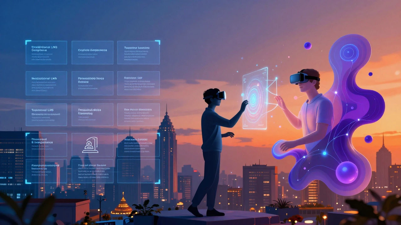 Conceptual art showing the future of AI and VR in learning management systems.