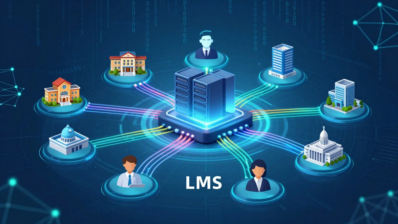 Digital illustration of an LMS connecting schools, corporations, and government.