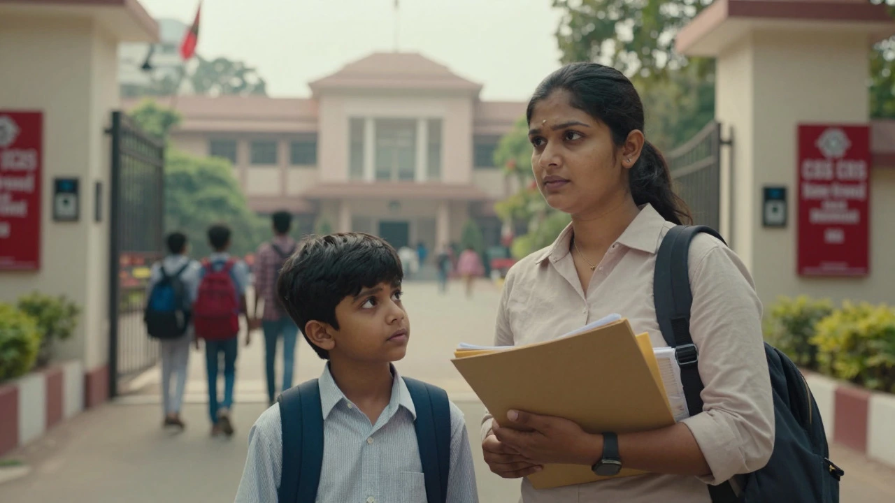 Parent and child standing outside a prestigious school entrance in a metro area