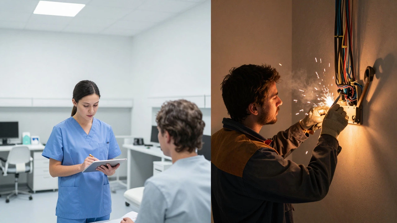 Split view comparing office-based vocational work with hands-on skilled trade labor