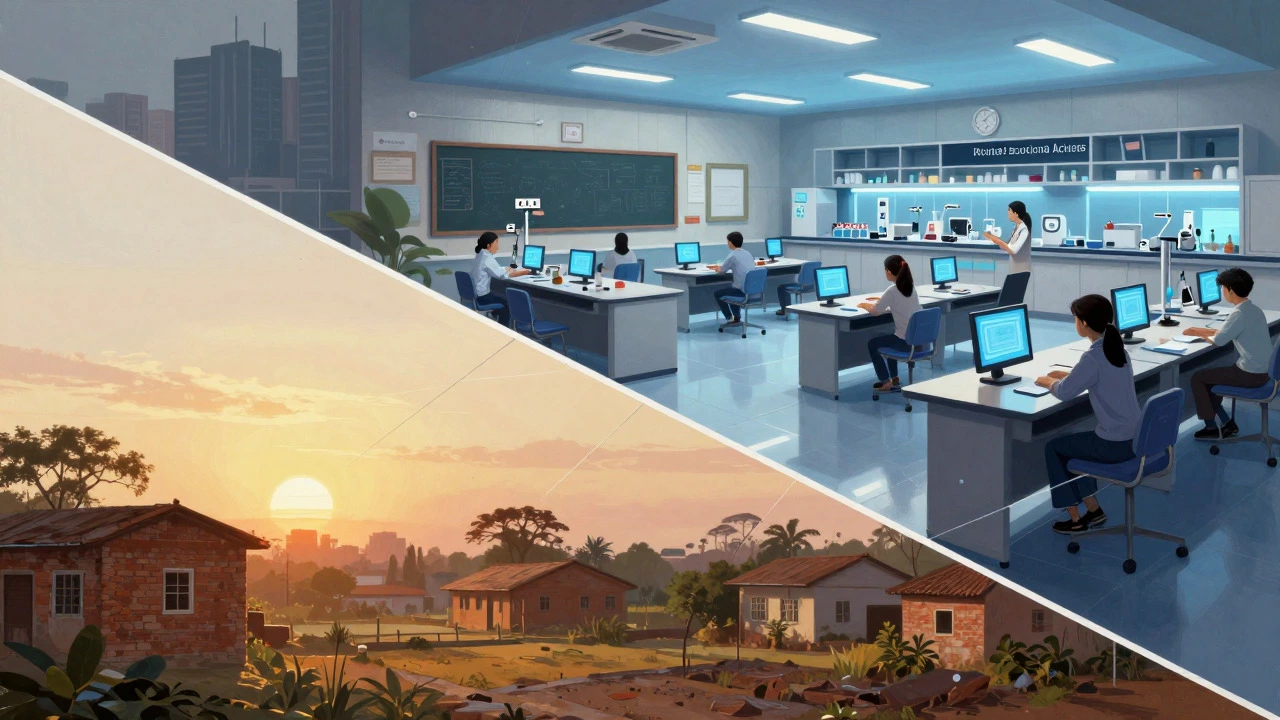 Split view contrasting a high-tech urban school campus with a rural classroom setting