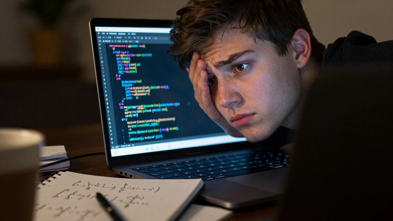 Student studying intensely with code and math reflected in their eyes.
