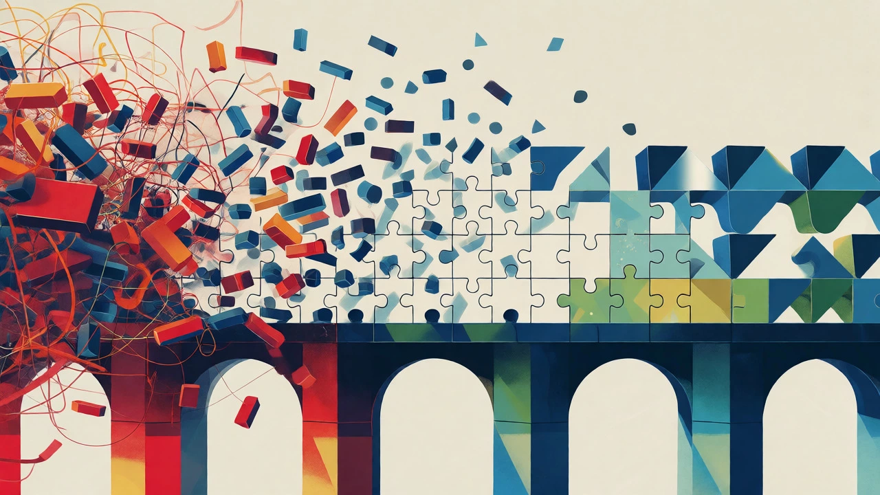 Abstract visualization of chaotic logic transforming into structured algorithmic order.