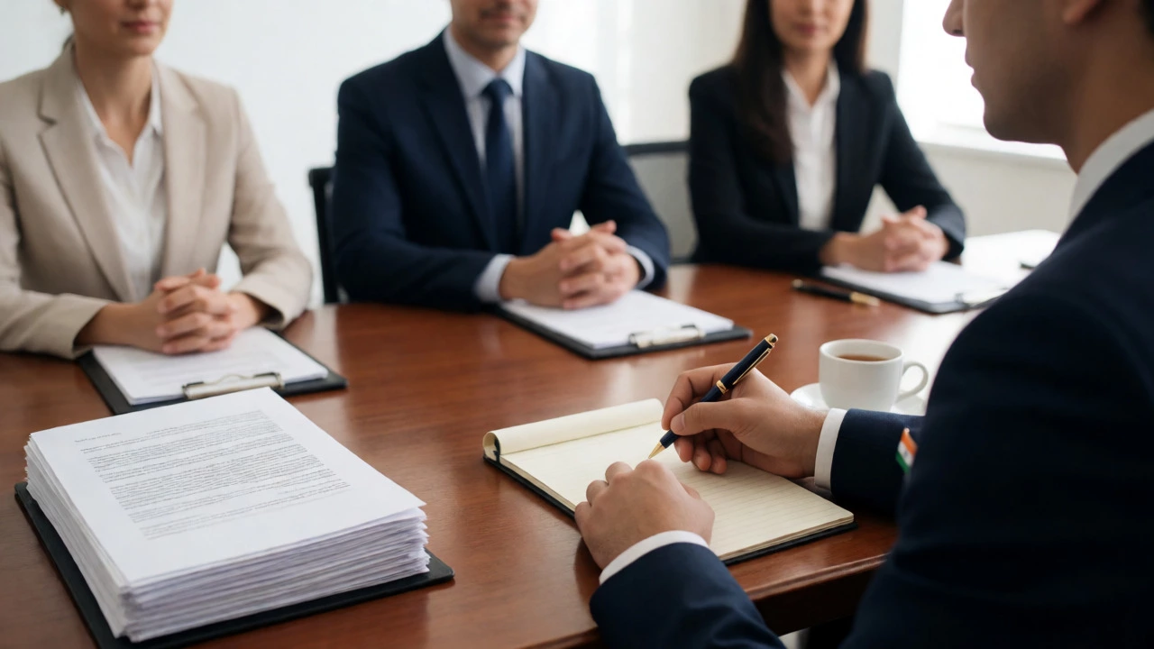 Candidate preparing notes during a formal government job interview