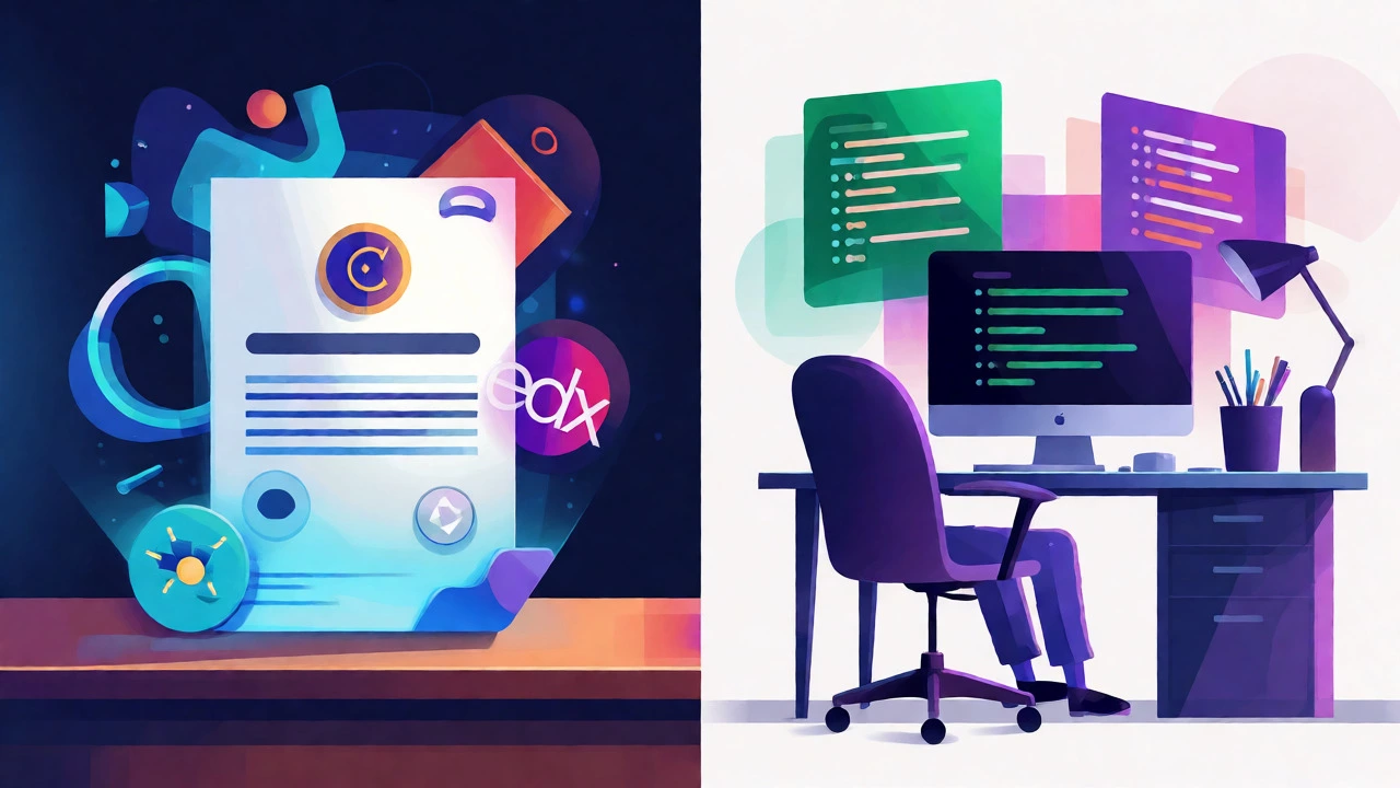 Digital illustration comparing academic certificates and tech skills