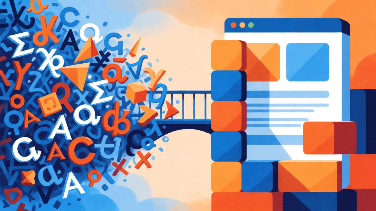 Illustration contrasting complex math symbols with organized code blocks