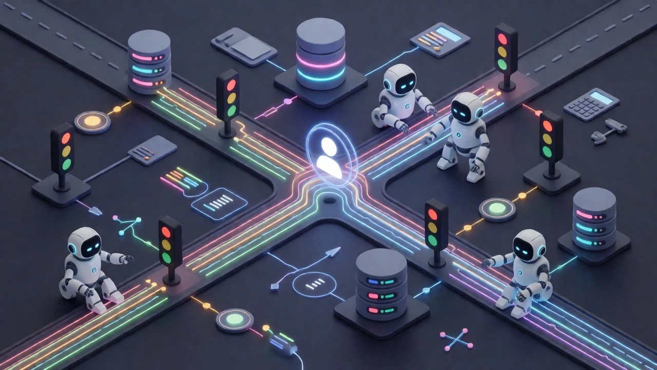 Isometric view of data flowing through a logical city-like network