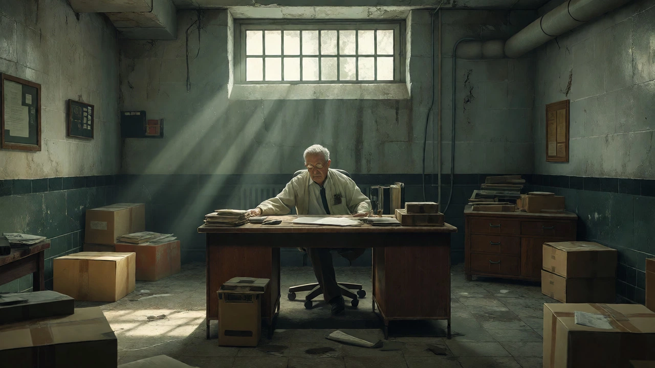 Older employee sitting quietly in a dusty, neglected basement office representing stagnation.