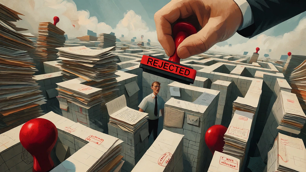 Surreal illustration of an employee trapped in a maze of bureaucratic paperwork and stamps.