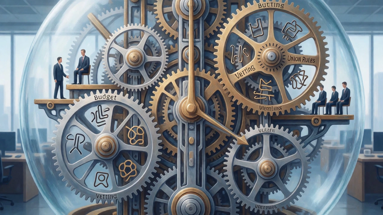 Surreal illustration of slow-turning gears representing bureaucratic hiring processes