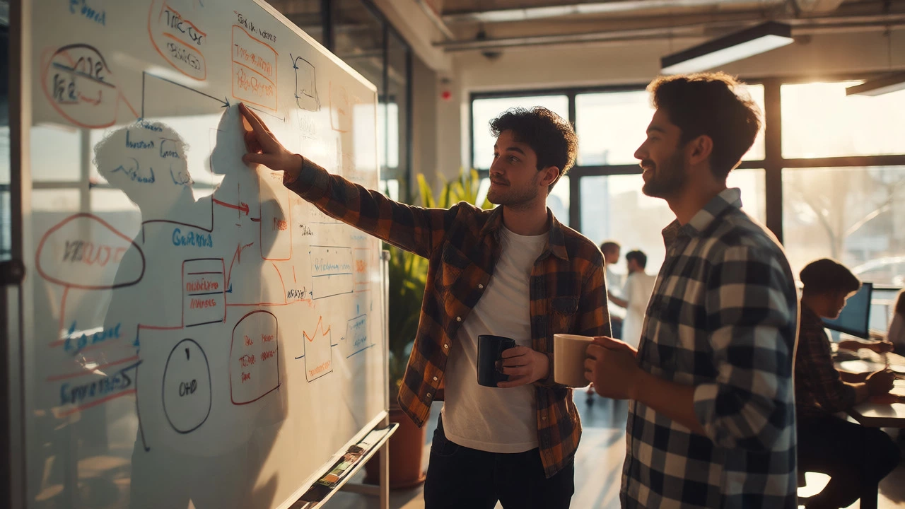 Two developers collaborating around a whiteboard in a bright modern office.