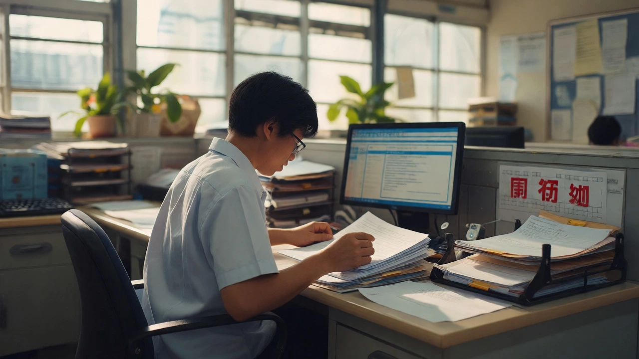 Volunteer organizing files and scanning documents in a government office