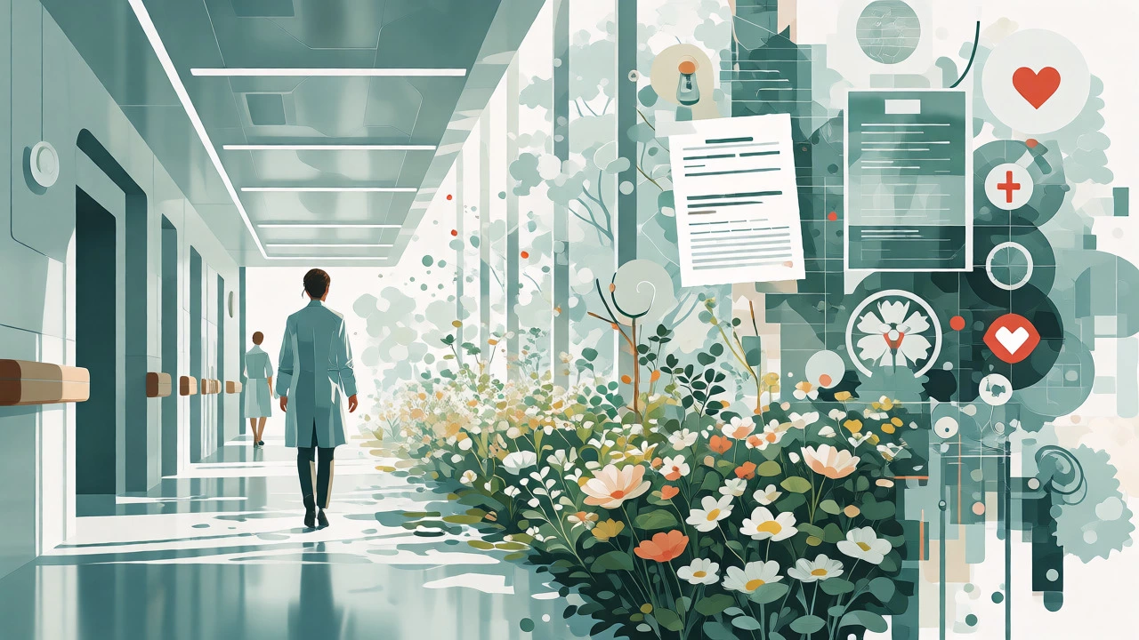 Administrator walking through a futuristic hospital corridor merging nature and healthcare