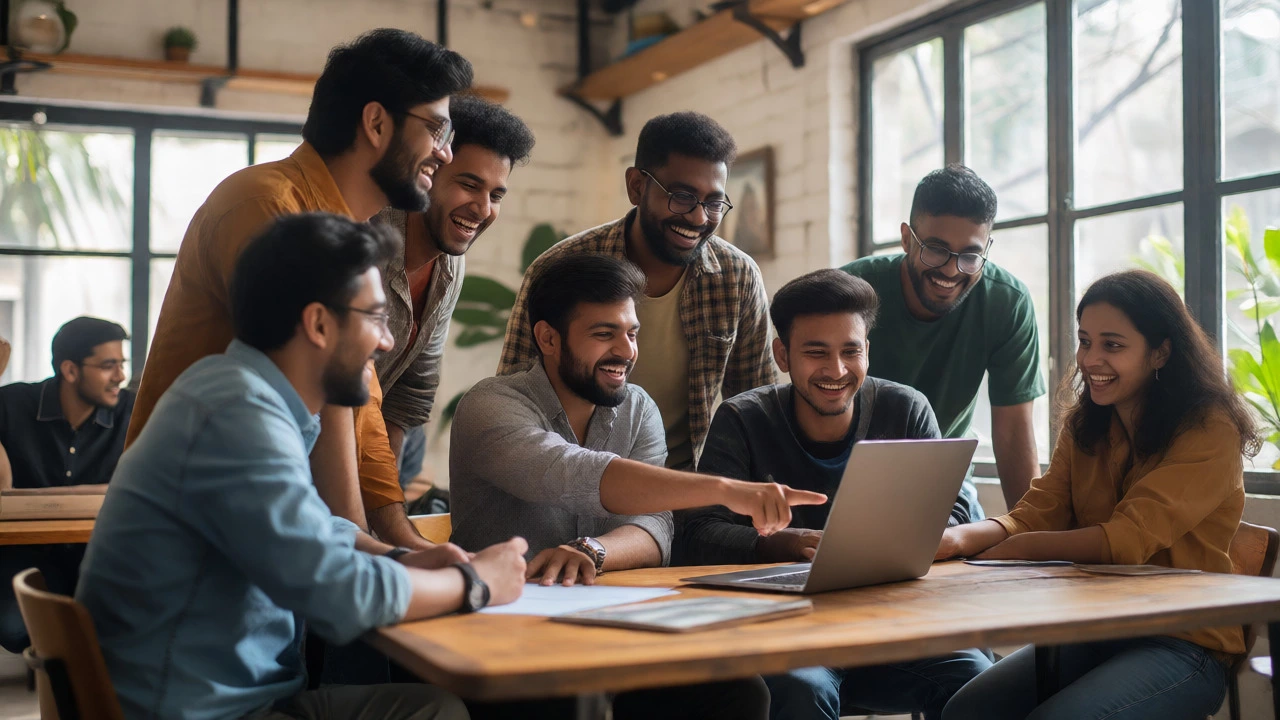 Diverse group of developers collaborating and laughing in a co-working space.