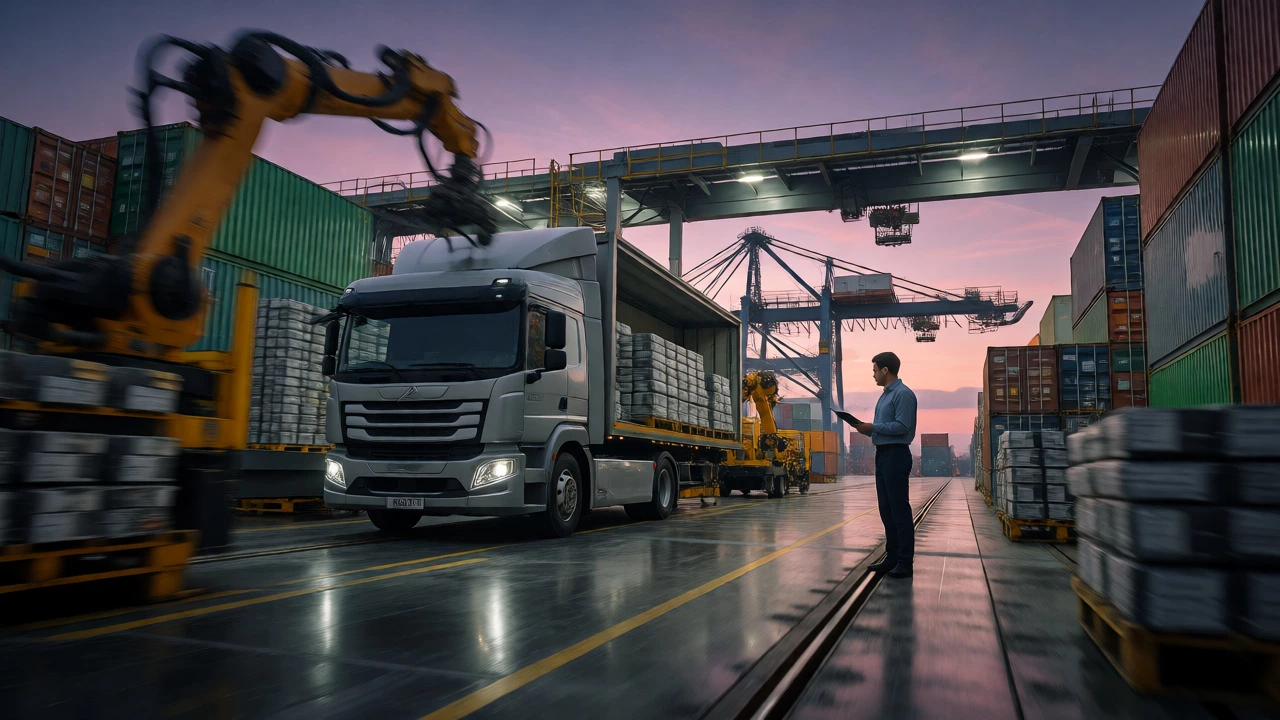 Manager overseeing automated logistics at a shipping hub during twilight