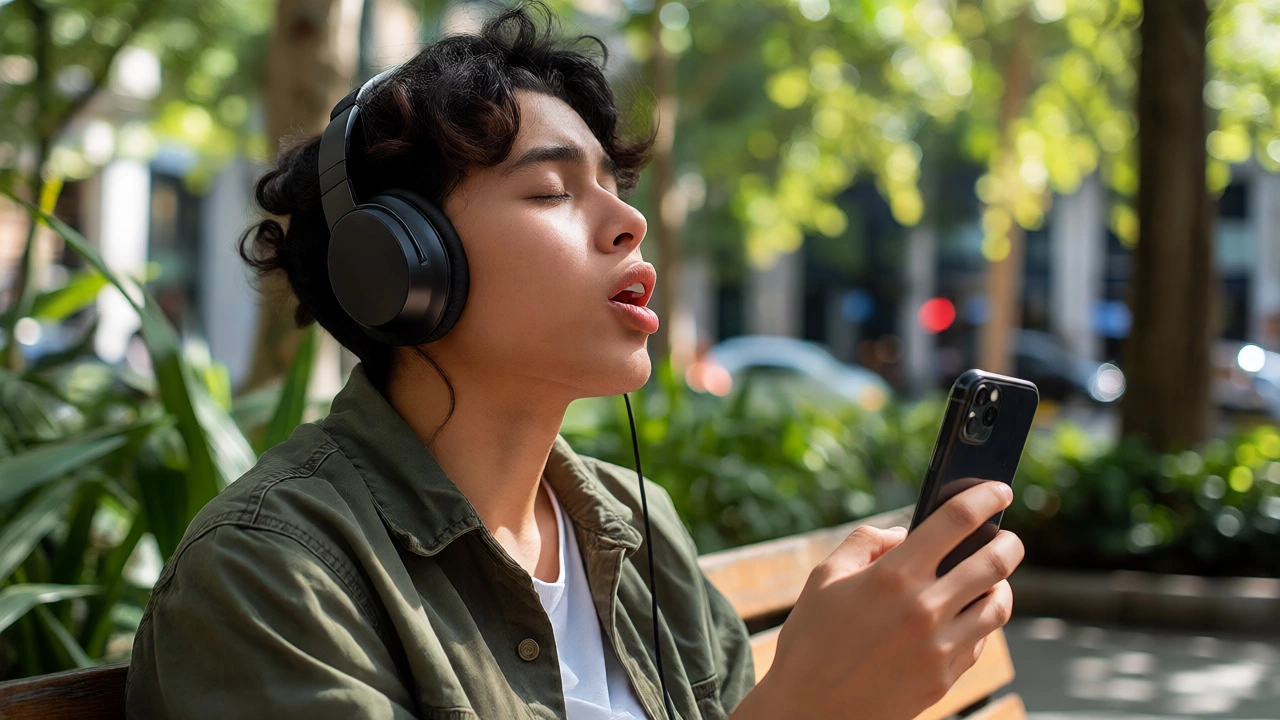 Person practicing English shadowing with headphones