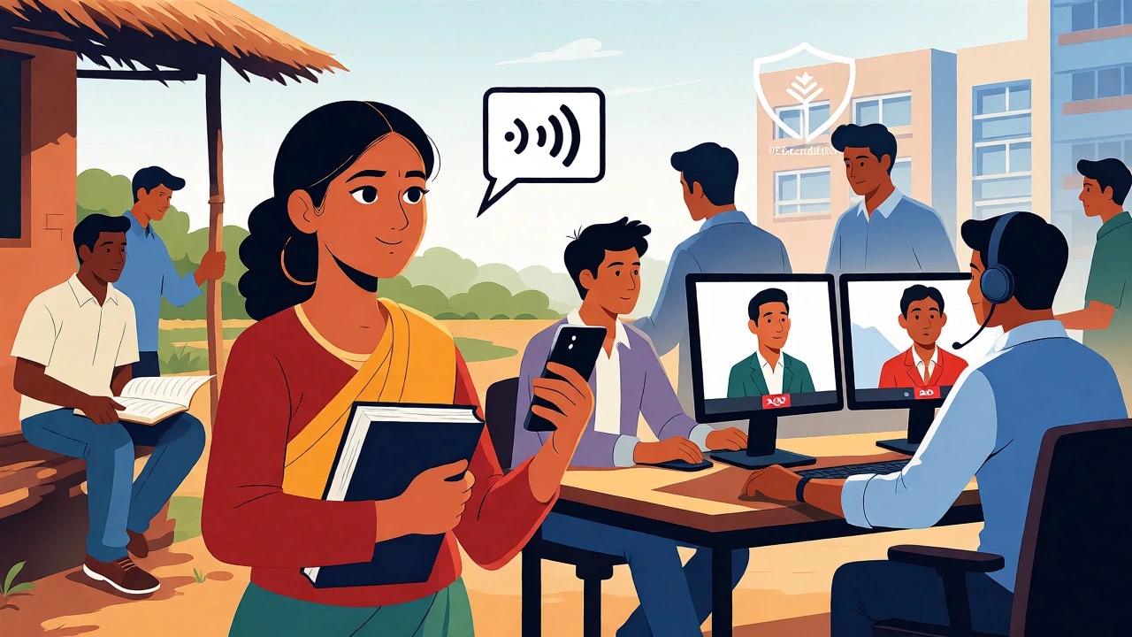 Rural student with textbooks and urban professional in video call, highlighting accessible education options.