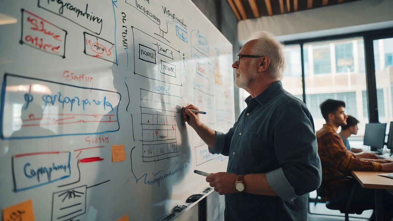 Senior engineer analyzing whiteboard diagrams while a junior dev types in background