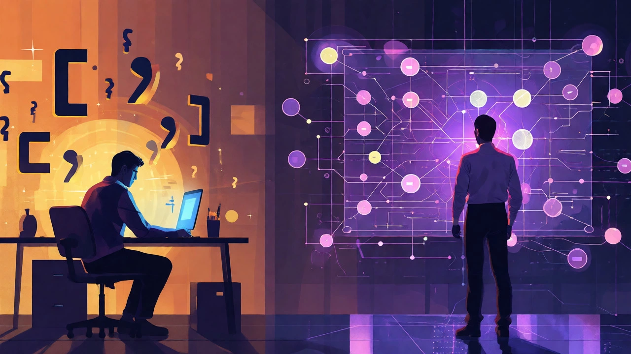 Split view showing a coder typing and an architect viewing a holographic system design