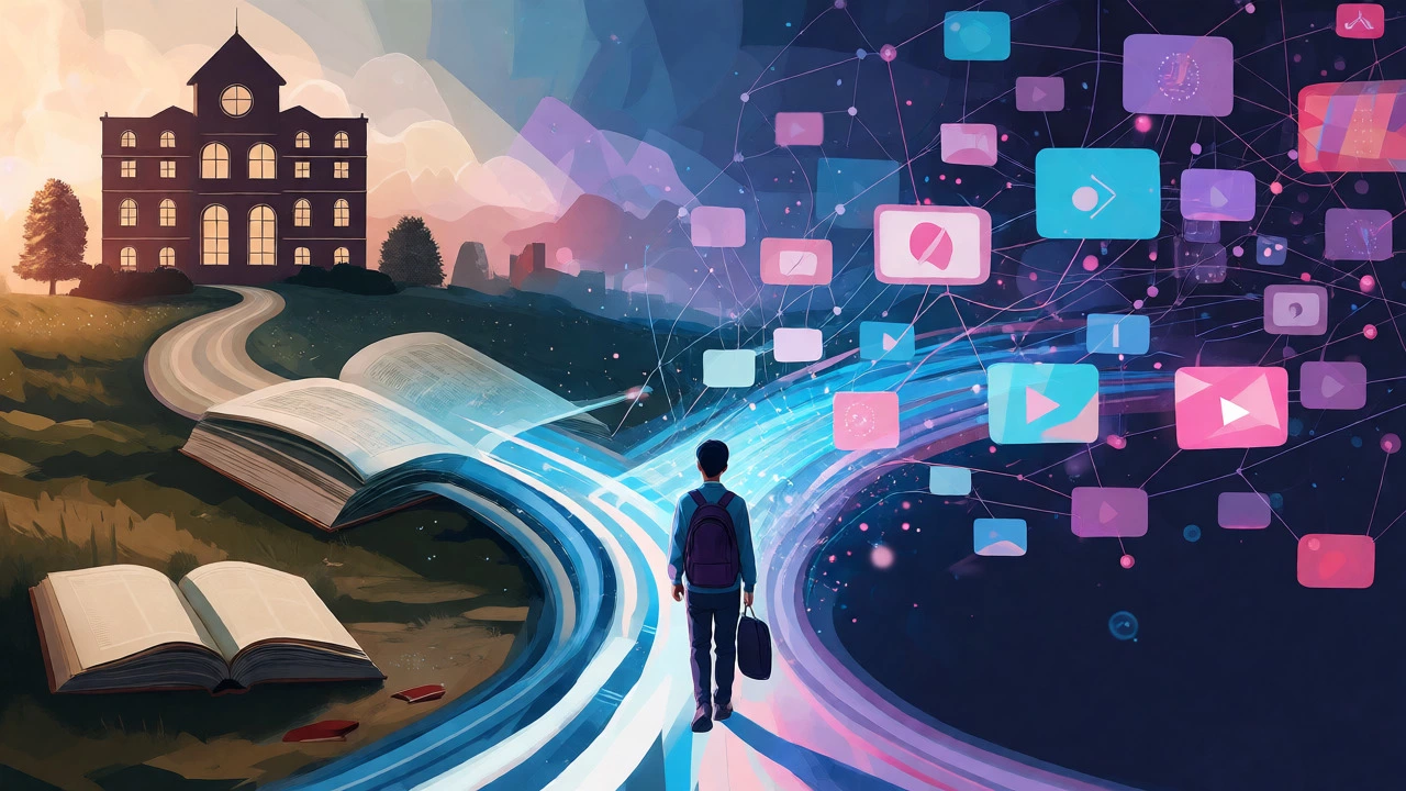 Student navigating between traditional books and digital learning paths