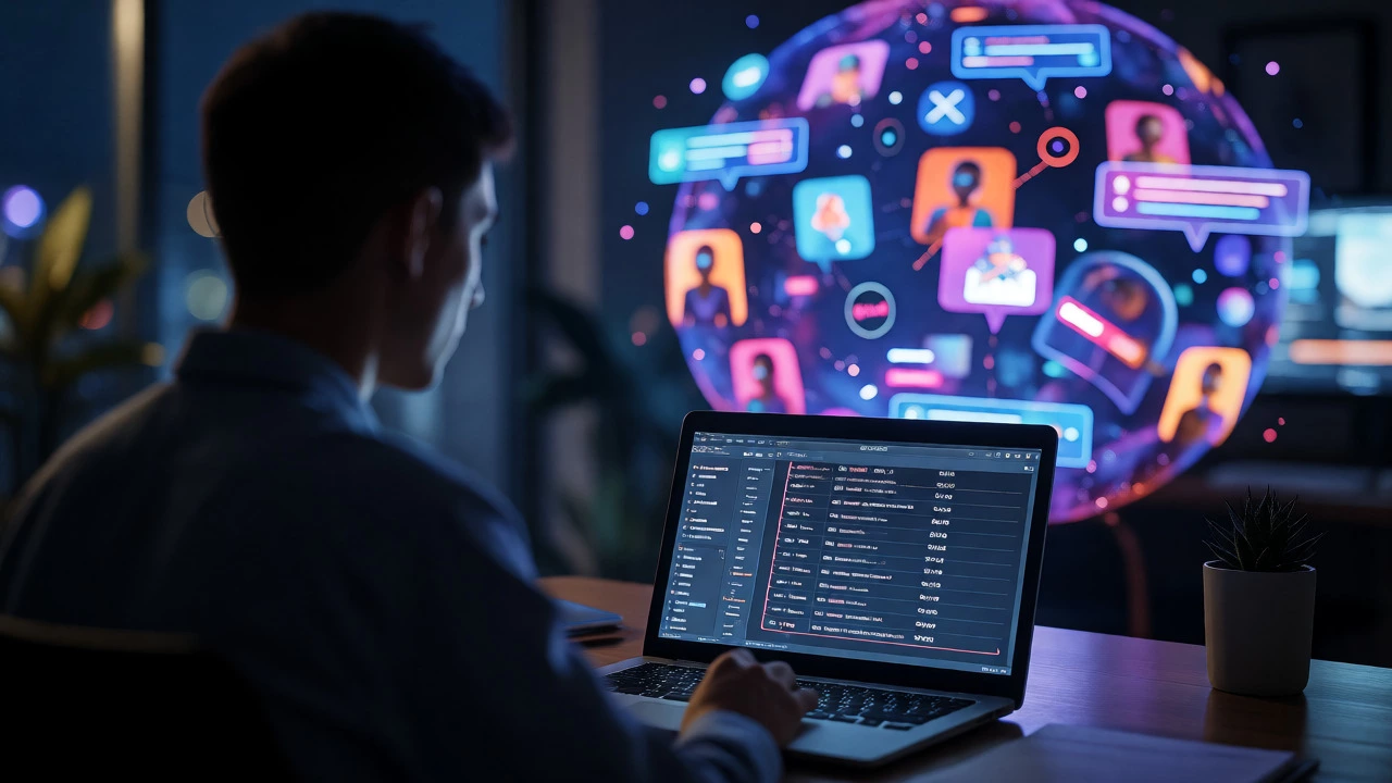 Student studying asynchronously at night while virtual peer connections float in the background.