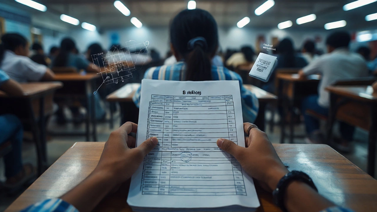 Student taking a CBSE board exam with career path overlays.