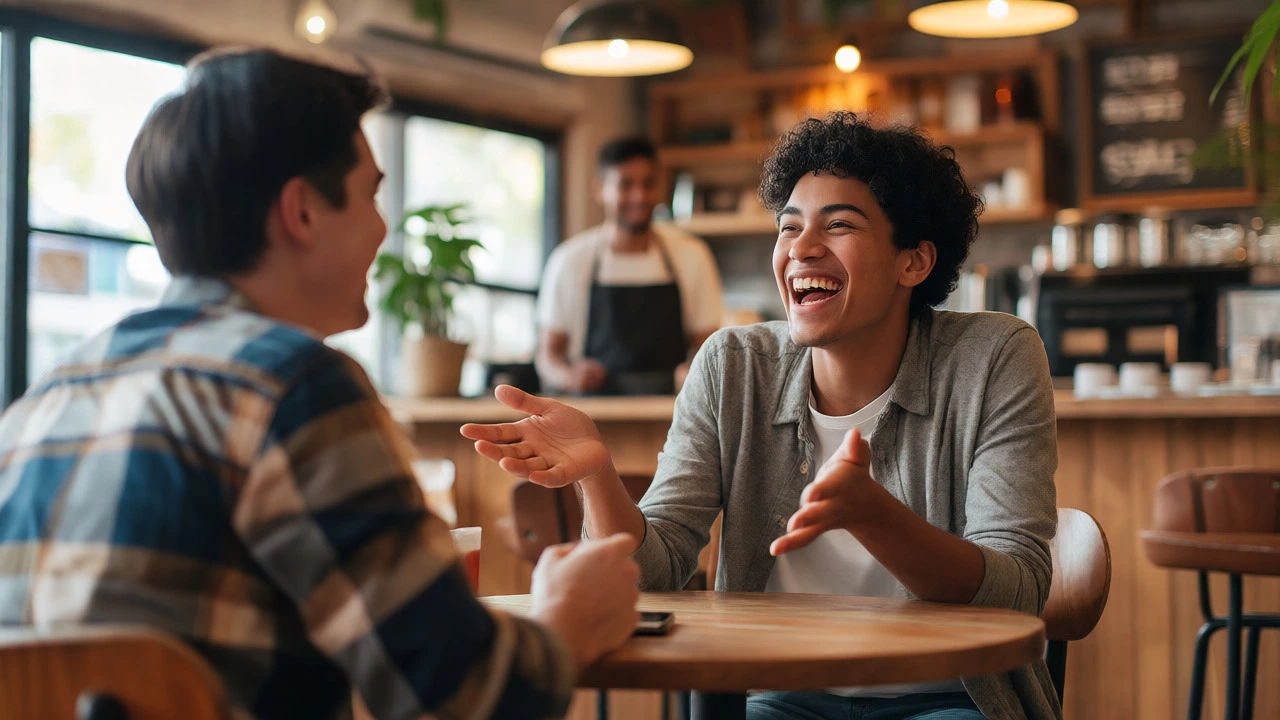 Two friends laughing confidently during a coffee chat
